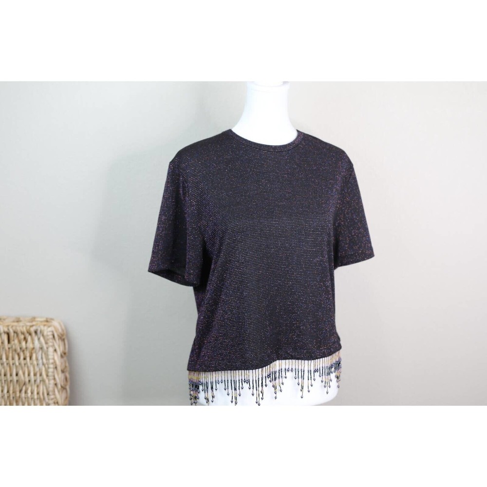 Opening Ceremony Womens Beaded Boxy Shimmer Tee Fringe Top XS/S Multicolor